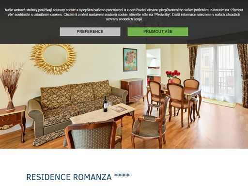 residence romanza - official website. our 4-star hotel offers luxury spa service and hotel services close to the colonnade. klidná rezidence s romantickou atmosférou, wellness služby a výhledem na město.