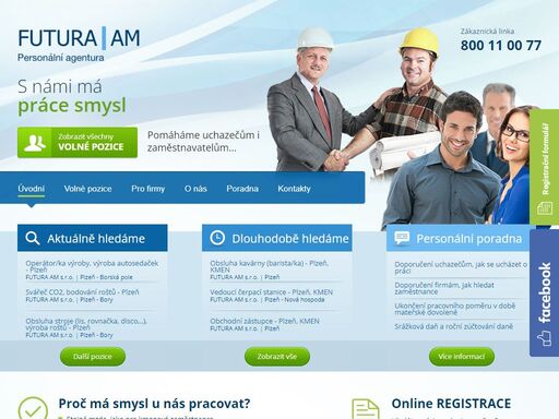 zaměstnavatel pro vaši lepší budoucnost, to je česká personální agentura futura am. pomůžeme vám s nalezením lepšího zaměstnání. přehled nabízených pracovních pozic naleznete na našich webových stránkách, fb nebo se informujte na bezplatné lince 800110077. těšíme se na vás, tým společnosti futura am.