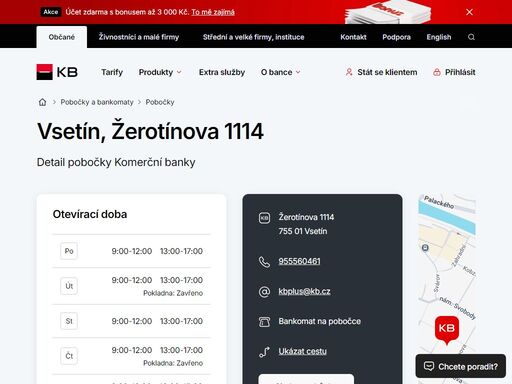 seznam a vyhledávání poboček a bankomatů komerční banky.
