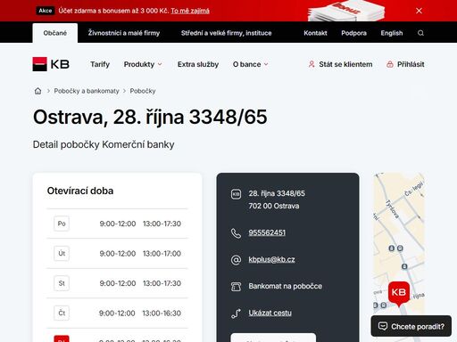 seznam a vyhledávání poboček a bankomatů komerční banky.