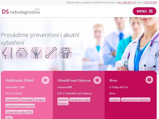 nabízíme tato vyšetření: mamografický screening, ultrazvuk, rentgen a intraorální zubní rentgen, měření hustoty kostí. máme smlouvy se všemi významnými pojišťovnami. zjistěte víc.  