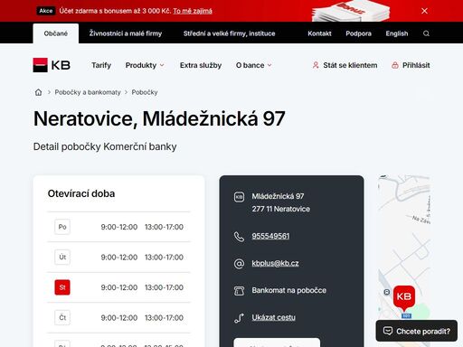 seznam a vyhledávání poboček a bankomatů komerční banky.