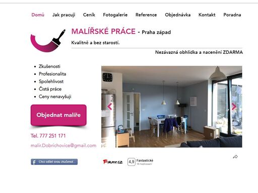 malířské práce praha západ.
prověřený malíř pokojů - vymaluji čistě a za rozumnou cenu - nacenění a nezávazná obhlídka zdarma.  doporučím vám nejvhodnější barvu. tel. 777 251 171. 