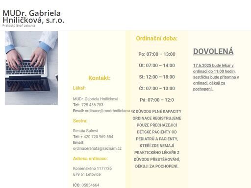 mudr. gabriela hniličková - praktický lékař pro dospělé letovice / telefon: +420 720 969 554 / e-mail: ordinace@mudrhnilickova.cz