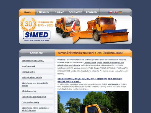 vyrábíme a prodáváme komunální techniku pro letní i zimní úklid komunikací. nabízíme úklidové stroje pro firmy a obce, sněhové radlice, sypače, zametače, vozidla pro svoz odpadů, cisternové nástavby. provádíme servis a opravy komunální techniky | simed s.r.o. - zimní a letní komunální technika.