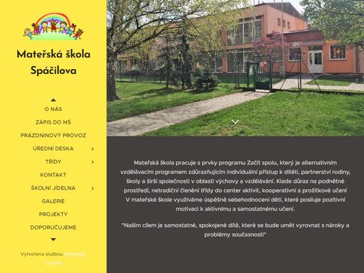 mateřská škola pracuje s prvky programu začít spolu, který je alternativním vzdělávacím programem zdůrazňujícím individuální přístup k dítěti, partnerství rodiny, školy a širší společnosti v oblasti výchovy a vzdělávání. klade důraz na podnětné prostředí, netradiční členění třídy do center aktivit, kooperativní a prožitkové učenív mateřské škole...