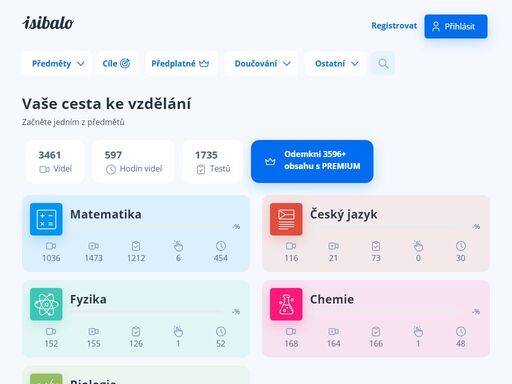  vzdělávací videa, testy a příklady pro matematiku, fyziku, chemii, češtinu a biologii.  