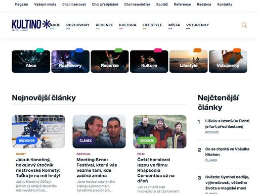 žhavé společenské a kulturní události, včetně poutavých rozhovorů, recenzí a doporučení na akce, které chcete zažít. tištěný magazín kultino* vychází čtvrtletně a přináší články z oblasti bydlení, módy, designu, sportu, vzdělávání, zdraví a cestování. zážitky spojují s magazínem kultino*.
