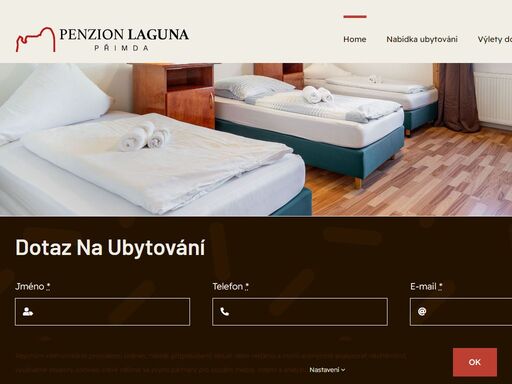 dotaz na ubytování     

vítáme vás v penzionu laguna   

penzion laguna je nově zrekonstruovaný penzion s 6-ti útulnými pokoji v klidné části obce přimda. všechny naše pokoje disponují vlastním sociálním zařízením, ručníky, povlečením a rychlovarnou konvicí. bezplané parkování je možné na privátním parkovišti přímo u penzionu.

check-in je, možný