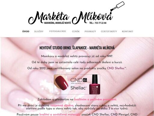 certifikované nehtové studio brno-slatina - markéta mlíková. nabízím kvalitní služby a dlouhodobé zkušenosti v oblasti manikúry a modeláže nehtů. vše s profesionálním a individuálním přístupem. používám pouze kvalitní a osvědčené materiály.