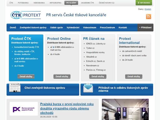 protext je služba čtk pro zveřejnění tiskových zpráv, fotek a videozáznamů. firmám i jednotlivcům umožňuje rozšíření vlastní tiskové zprávy odběratelům zpravodajského servisu čtk.
