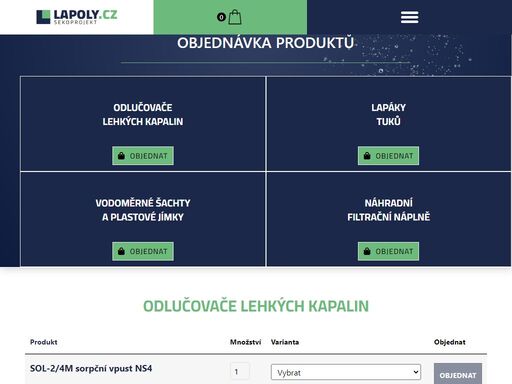 objednávka produktů odlučovače lehkých kapalin objednat lapáky tuků objednat vodoměrné šachty a plastové jímky objednat náhradní filtrační náplně objednat