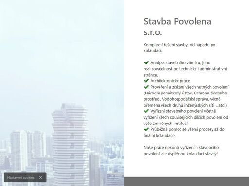 komplexní řešení stavby, od nápadu po kolaudaci. 

? analýza stavebního záměru, jeho realizovatelnost po technické i administrativní stránce.
? architektonické práce
? prověření a získání všech nutných povolení (národní památkový ústav, ochrana životního prostředí, vodohospodářská správa, věcná břemena všech druhů inženýrských sítí, ...atd.) 
? vyřízení stavebního povolení včetně vyřízení všech souvisejících dílčích povolení od výše zmíněných institucí
? průběžná pomoc se všemi procesy až do finální kolaudace. 

naše práce nekončí vyřízením stavebního povolení, ale úspěšnou kolaudací stavby!