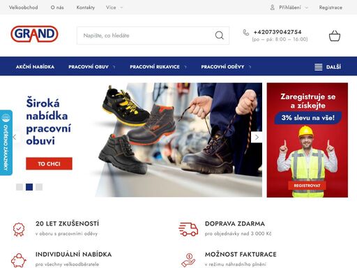 grand - pracovní oděvy s.r.o.. nabízíme široký sortiment ochranných pracovních pomůcek, které zahrnují pracovní boty, oděvy, rukavice, přilby a další produkty pro ochranu a bezpečnost. jsme hrdí na to, že jsme na trhu již 26 let, během nichž jsme si vybudovali pevnou pozici a získali důvěru našich zákazníků. naše…