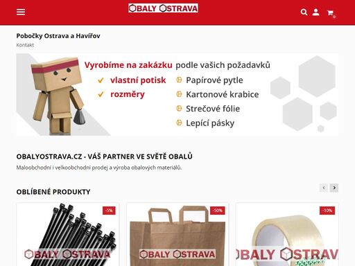 velký výběr kartonových krabic, pytlů, streč fólií, lepících pásek, jednorázového nádobí. zakázková výroba a potisk. množstevní slevy. odběr zdarma ostrava, havířov.