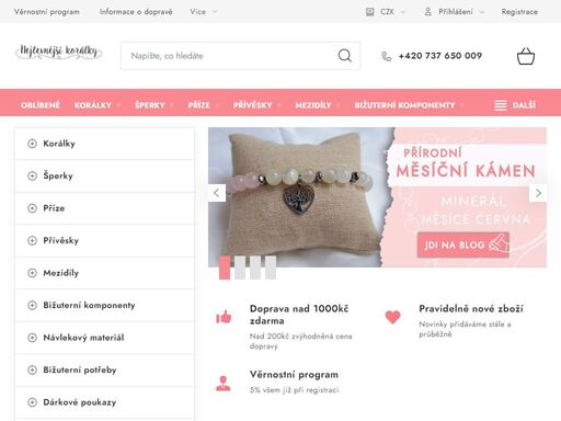 homepage. 
prodej širokého sortimentu korálků (zejména minerálních, dřevěných a skleněných, ale i akrylových), přívěsků, mezidílů, návlekového materiálu a dalších potřeb pro výrobu vlastní bižuterie a šperků. prodáváme i příze a pletací potřeby.