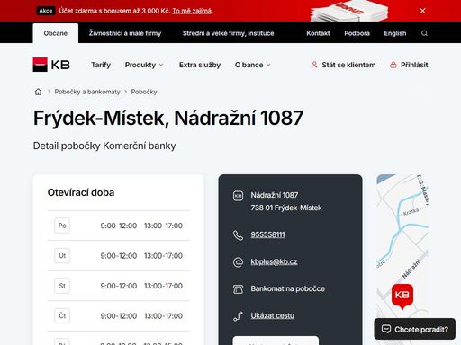 seznam a vyhledávání poboček a bankomatů komerční banky.