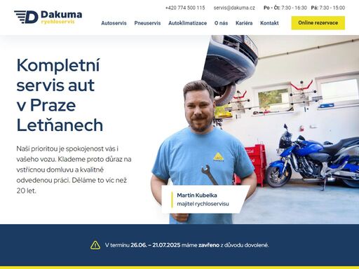     rychloservis dakuma je tu pro vás v komplexní péči o vaše auto. díky více než 20leté zkušenosti a tisícům úspěšně opravených vozů, můžete mít jistotu, že svěřujete své auto do rukou profesionálů. kontaktujte nás a staňte se součástí spokojených zákazníků našeho autoservisu v praze.
