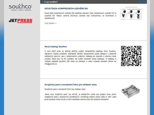 autorizovaný distributor southco a jetpress. prodej kompresních, pákových a tahových uzávěrů, čtvrtotáčkových, rychlo-utahovacích a neztratných šroubů, pantů stavitelných a s frikcí, elektronických zámků, plynových vzpěr záslepek a průchodek. poradenství a projektový management.