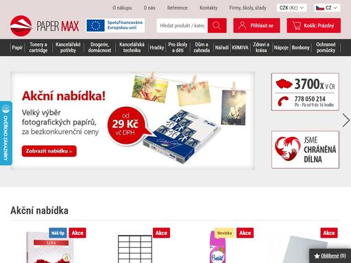 vítejte na papermax.cz! nabízíme k prodeji sortiment každodenní potřeby ať do vaší kanceláře, tak i k vám domů! doprava nad 1 500 kč zdarma.