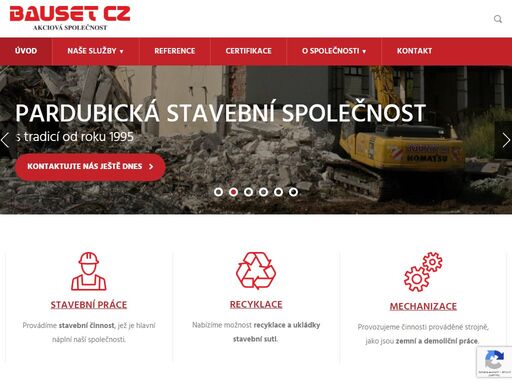 bauset cz, a.s. - pardubická stavební společnost poskytující služby v oblasti stavebnictví, zemní a demoliční práce jakéhokoliv rozsahu, inženýrské stavby, rekultivace a sanace území. dále nabízíme recyklaci stavebních sutí včetně výroby a prodeje tříděných zemin a recyklovaného kameniva.