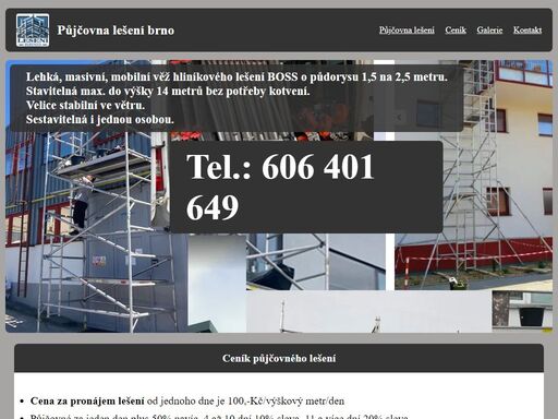 pujčovna lešení boss | stabilní ve větru | stavitelné až do výšky 14 m bez potřeby kotvení | pronájem lešení brno