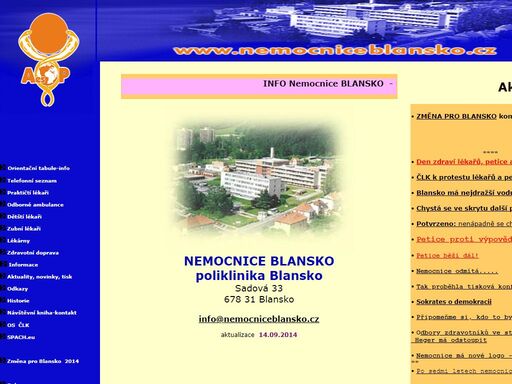 informační servis zdravotnického zařízení, charakteristika s historickým vývojem, aktuálními novinkami zařízení, medicínské informace, kontakty, informace pro pacienty.