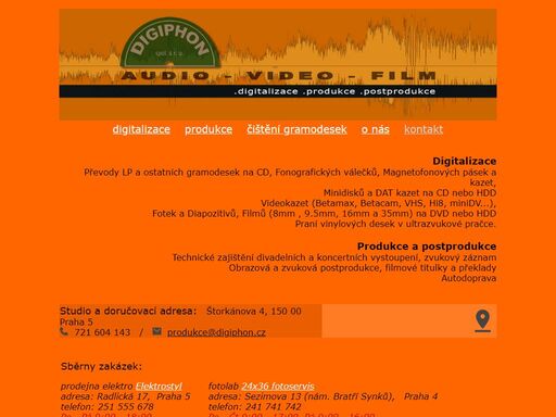 převod gramodesek (lp, 16 ot., šelak 78 ot., ...), fonografických válečků, převod minidisku, magnetofonových kazet a pásků na cd,
převod videa vhs a ostatních videokazet na dvd, převody filmu 8mm, 9.5mm, 16mm a 35mm