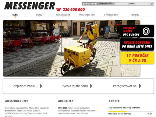   kurýrní služba messenger. expresní přeprava zásilek ještě tentýž den po praze, brně a bratislavě. doručujeme po celé české republice i do zemí eu. připravíme speciální nabídku na míru pro váš e-shop nebo vinotéku. doručíme smlouvy do vlastních rukou včetn 