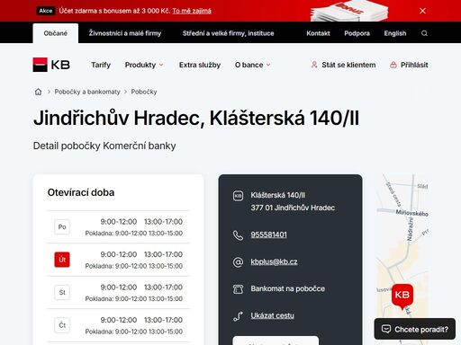 seznam a vyhledávání poboček a bankomatů komerční banky.
