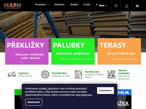 maph dřevěné materiály. překližky, osb, spárovky, kvh hranoly, terasy, palubky, prkna, fošny, hranoly.