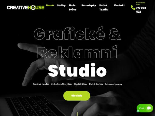 jsme studio, které poskytuje komplexní řešení v oblasti reklamy. specializujeme se na grafickou tvorbu, velkoformátový tisk, reklamní polepy a potisk textilu. dále zajišťujeme výrobu tiskovin (vizitky, letáky, plakáty, brožury, katalogy, kalendáře), výrobu reklamních poutačů a polepy interiérů, nábytku.