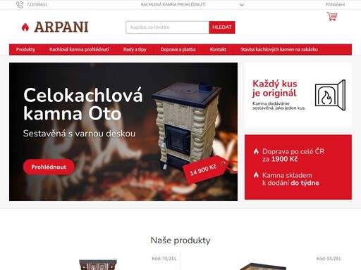 vítejte v našem obchodě. kachlová kamna od arpani    
na objednání 4 - 16 týdnů

doprava  po celé čr zdarma, ručíme si za nepoškození zásilky
kamna jsou na paletě 
složení kamen u dodávky, za branku, pouze po zpevněné komunikaci, kam se dostane paletový vozík
dopravce doručuje na danou adresu, nedoručuje do…