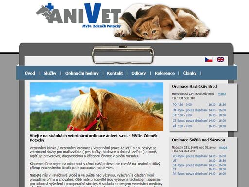 anivet - mvdr. zdeněk potocký - ordinace pro psy, kočky a všechna malá zvířata s osobním přístupem veterináře. odborné poradenství a též specializace na koně.