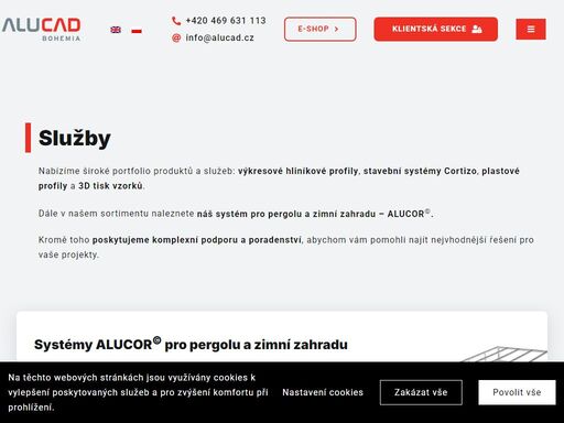 alu profily od spolehlivého výrobce 

prodej výkresových hliníkových profilů výkresové hliníkové profily  

alu profily od spolehlivého výrobce 

prodej standardních hliníkových profilů standardní hliníkové profily  

vlastní systém pro pergolu a zimní zahradu 

profilace alucor© skladem systém alucor©  

v rámci koncernu cortizo 

dodávky těsnění, plastových profilů a dílů plastové profily  

v rámci koncernu
