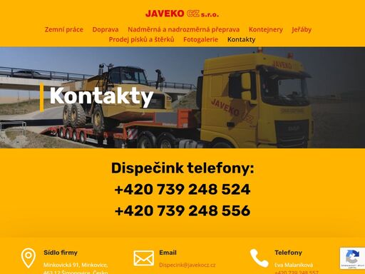 kontakty do firmy javeko cz - telefony, email,y objednávky dopravy apod.