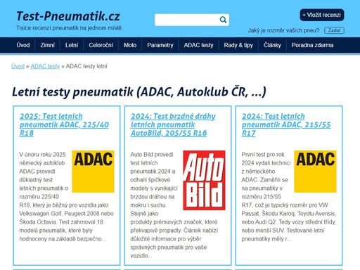 test pneumatik 2025 - tisíce recenzí pneumatik i odborných adac testů pneumatik na jednom místě. přehledné testy letních i zimních pneumatik.