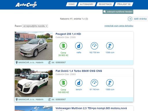 nabídka vozů na webu autocaris.cz