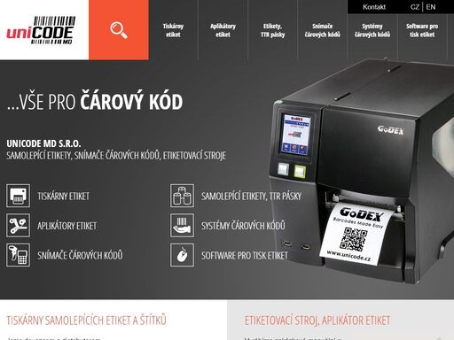 unicode pelhřimov – tiskárny etiket, aplikátory etiket, etikety, barvící ttr pásky, snímače čárových kódů, systémy čárových kódů, software pro tisk etiket.