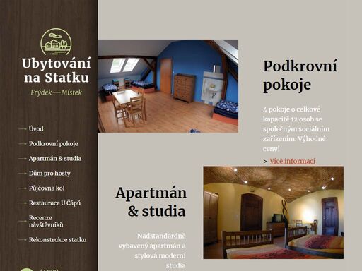 kvalitní ubytování na statku u frýdku-místku za skvělé ceny. podkrovní
pokoje, apartmány i samostatný dům pro hosty. slevy pro skupiny nebo při dlouhodobém pobytu, vhodné i pro firmy.