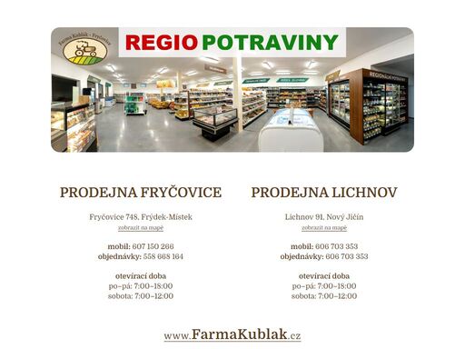 prodejny regio potraviny - zemědělská farma kublák fryčovice