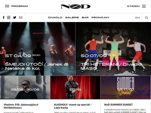 autorská divadelní představení, koncerty, přednášky, výstavy a kavárna. více informací na www.nod.roxy.cz.