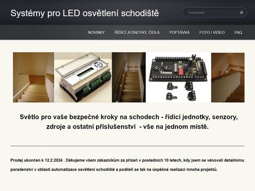 komponenty pro led osvětlení schodiště, řídící jednotky, pir čidla, svítidla, profily a další komponenty.