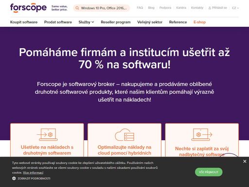 forscope je softwarový broker, který firmám a veřejným institucím pomáhá ušetřit až 70 % softwarových nákladů díky druhotným softwarovým řešením, které odpovídají jejich potřebám!
