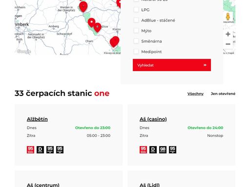 síť 33 čerpacích stanic one1 na česko-německých hranicích v západních a severních čechách.