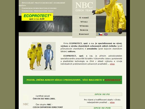 speciální chemické ochranné oděvy pro civilní a armádní sektor, vývoj, výroba, expertíza, poradenství, servis. chemical protective suit.