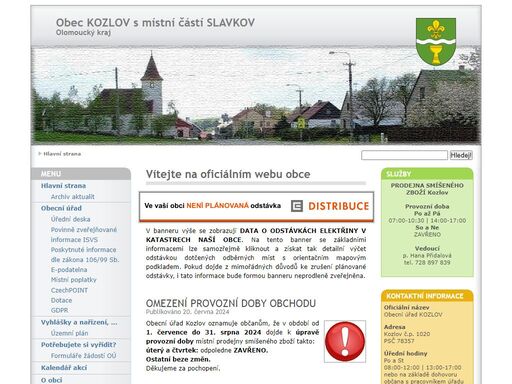 web page samostatné obce kozlov s místní částí slavkov