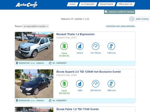 nabídka vozů na webu autocaris.cz