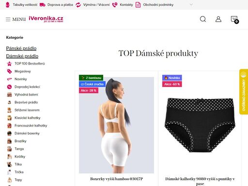 iveronika.cz. nejzajímavější kategorie:
dámské prádlo:
výhodná balení po více kusech
kusový výprodej - velké slevy
doprodej kolekcí - slevy
novinky v nabídce
klasické kalhotky
dámské boxerky
francouzské kalhotky
brazilské kalhotky
dámská tanga
košilky
dámská tílka
dámská trička
topy
podprsenky
dámská…