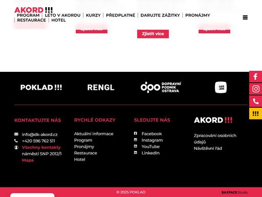 kulturní dům akord v ostravě-zábřehu přináší pestrou nabídku kulturních akcí – koncerty, divadla, pořady pro děti aj. lze k nám zajít také za vzděláním – kurzy, semináře.